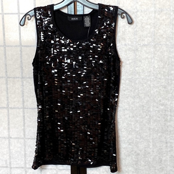 NEW! VERVE Black OBLONG Shiny SEQUINS HOLIDAY PARTY Sleeveless TANK TOP MEDIUM - Picture 3 of 8